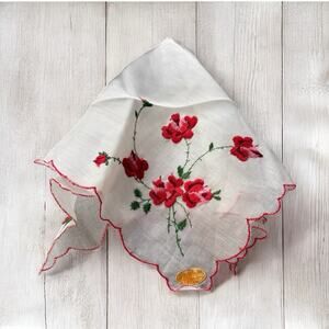 Vintage Embroidery All Cotton Hankie Handkerchief Red Floral & Sticker Scalloped